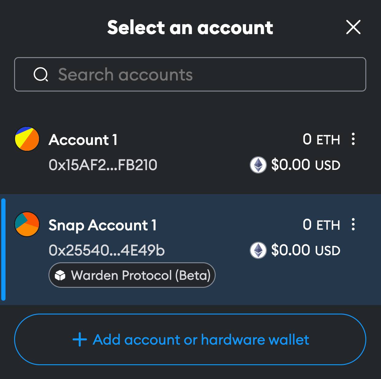 MetaMask accounts list with a Warden Protocol controlled address